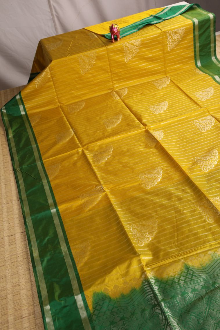 Lemon Yellow Visiri Madippu Silk Sarees with Silver Zari Floral Puttas view 2