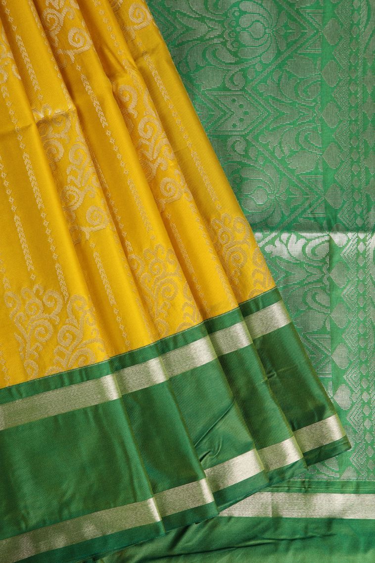 Lemon Yellow Visiri Madippu Silk Sarees with Silver Zari Floral Puttas view 1