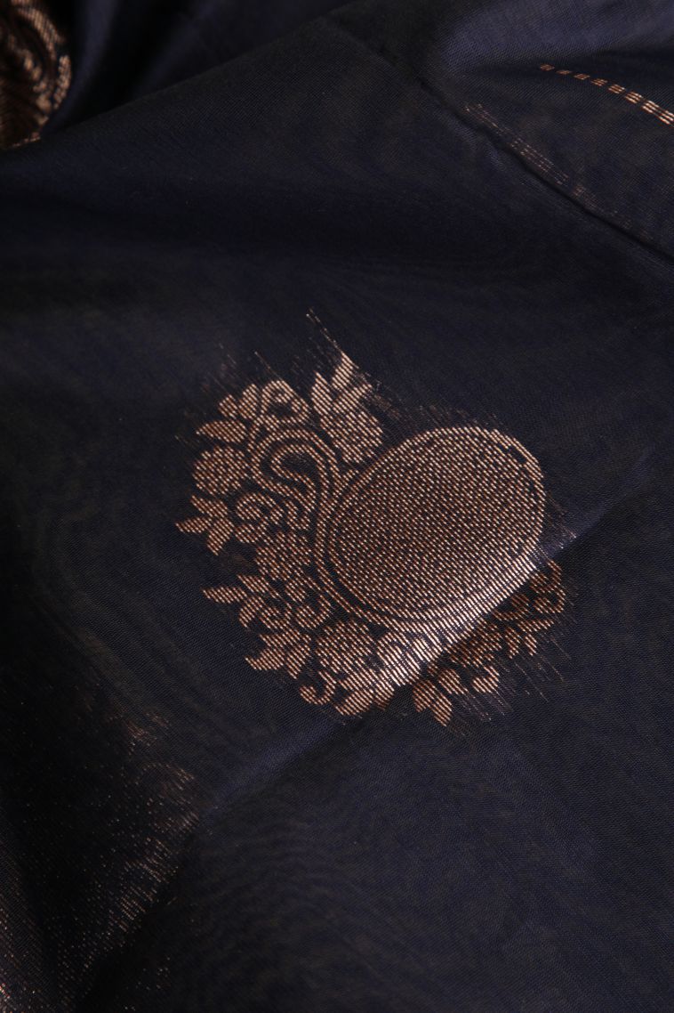 Navy Blue Silk Cotton Sarees with Gold Zari Floral Puttas view 4