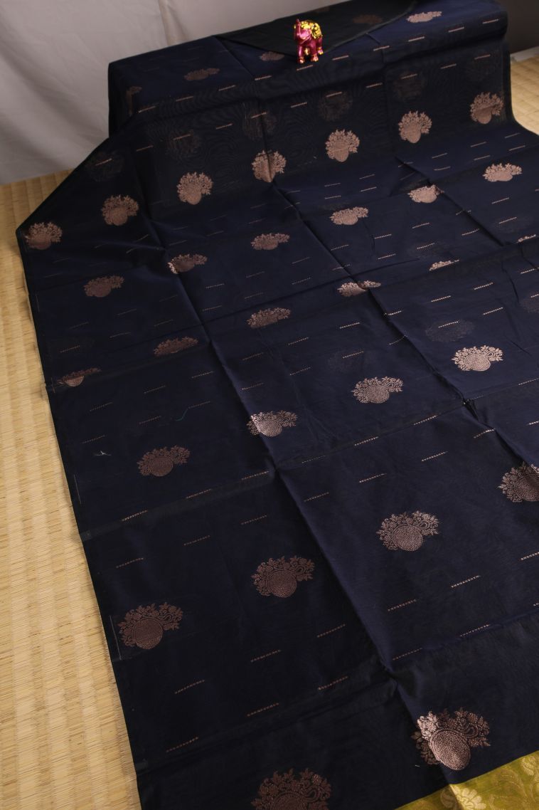 Navy Blue Silk Cotton Sarees with Gold Zari Floral Puttas view 2