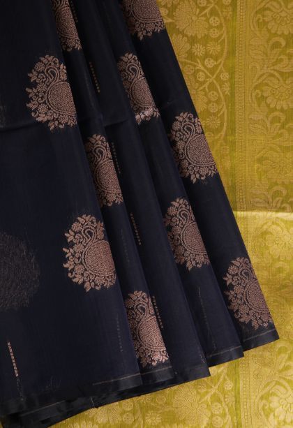 Navy Blue Silk Cotton Sarees with Gold Zari Floral Puttas