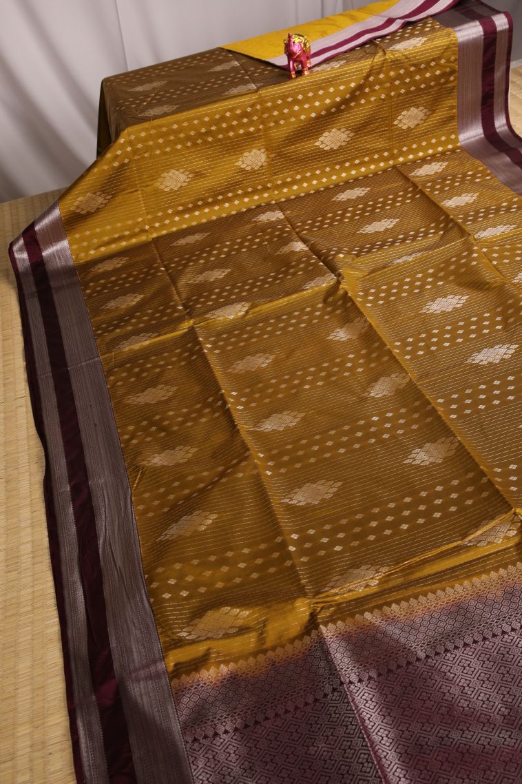 Honey Orange Soft Silk Saree with Silver Zari Floral Puttas view 2