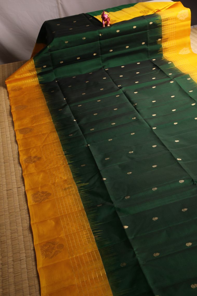 Bottle Green Soft Silk Saree with Gold Zari Buttis (small Dots Or Motifs) view 2