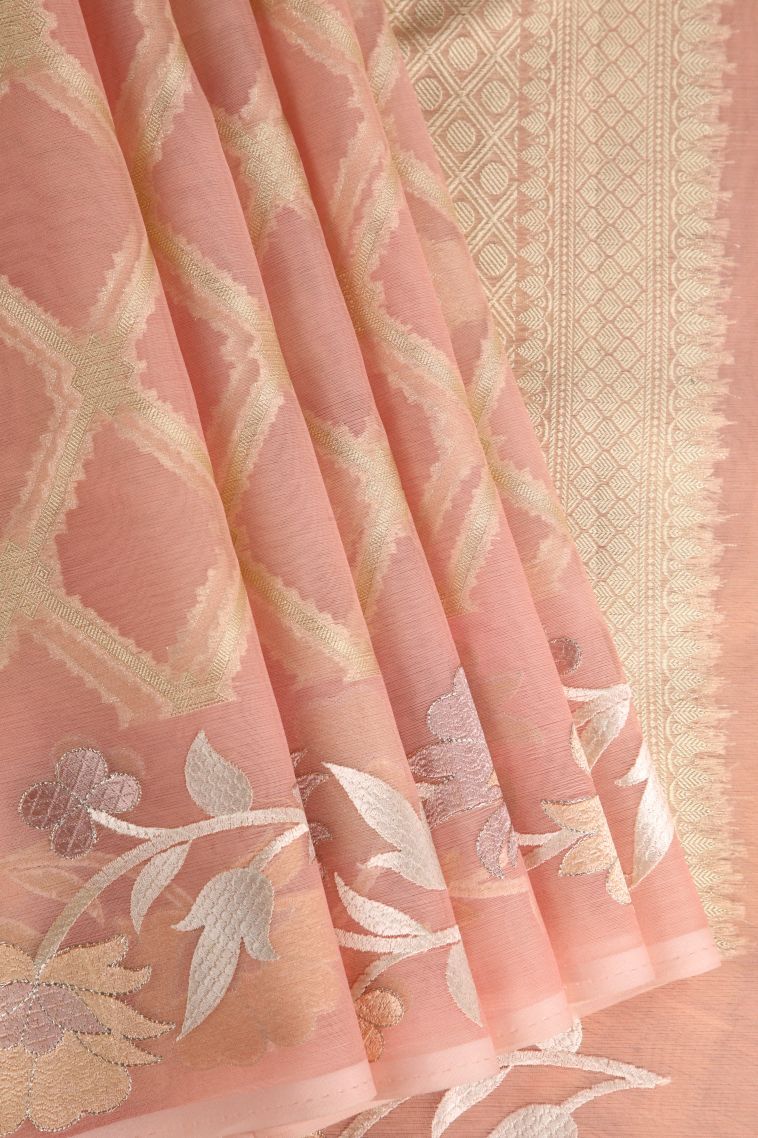 Salmon Pink Organza Saree with Antic Zari Geometric Shapes view 1