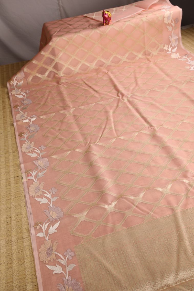 Salmon Pink Organza Saree with Antic Zari Geometric Shapes view 2