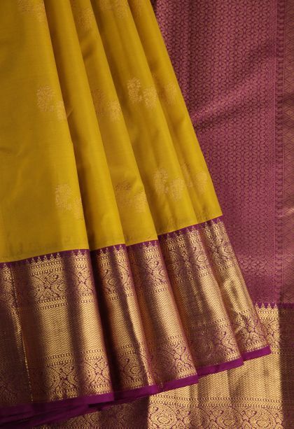 Lemon Yellow Soft Silk Saree with Gold Zari Floral Puttas