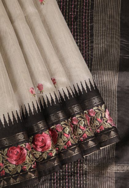 Lace White Raw Silk Sarees with Without Zari Zari Floral Patterns