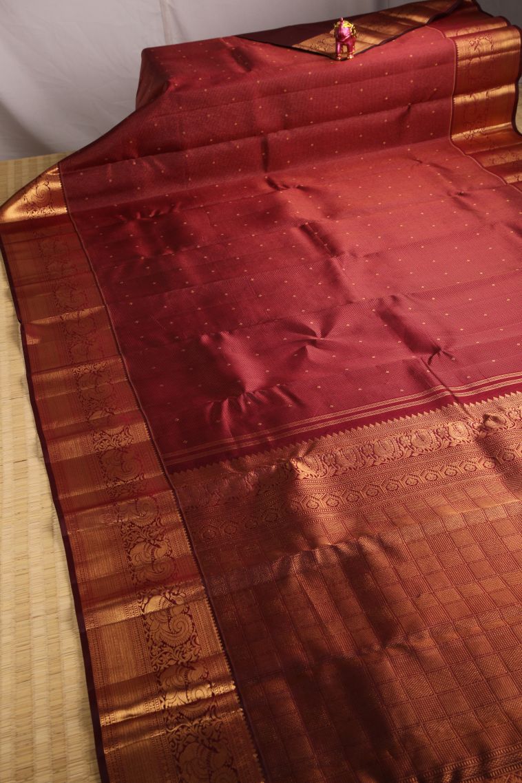 Bindi Red Kanchipuram Silk Sarees with Gold Zari Buttis (small Dots Or Motifs) view 2