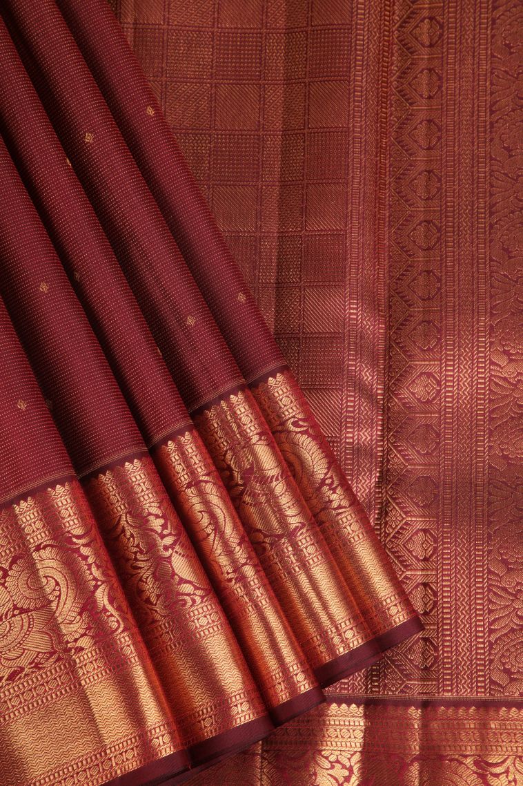 Bindi Red Kanchipuram Silk Sarees with Gold Zari Buttis (small Dots Or Motifs) view 1