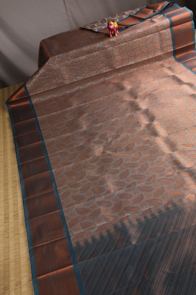 Gray Black Visiri Madippu Silk Sarees with Copper Zari Leaf Pattern view 2