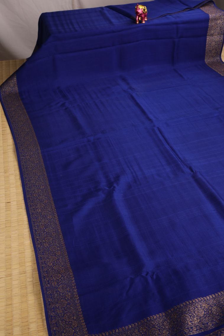 Azure Blue Banaras Sarees with Gold Zari Plain view 2