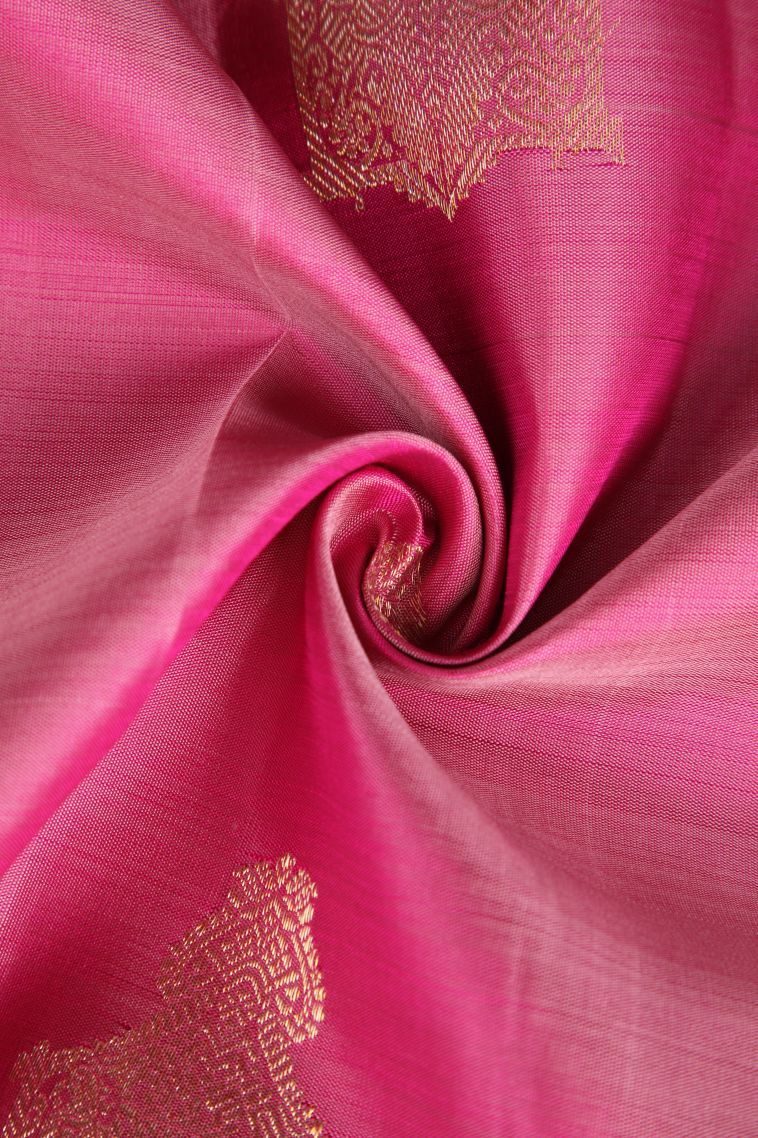 Punch Pink Kanchipuram Silk Sarees with Gold Zari Chariot  And Peacock view 4