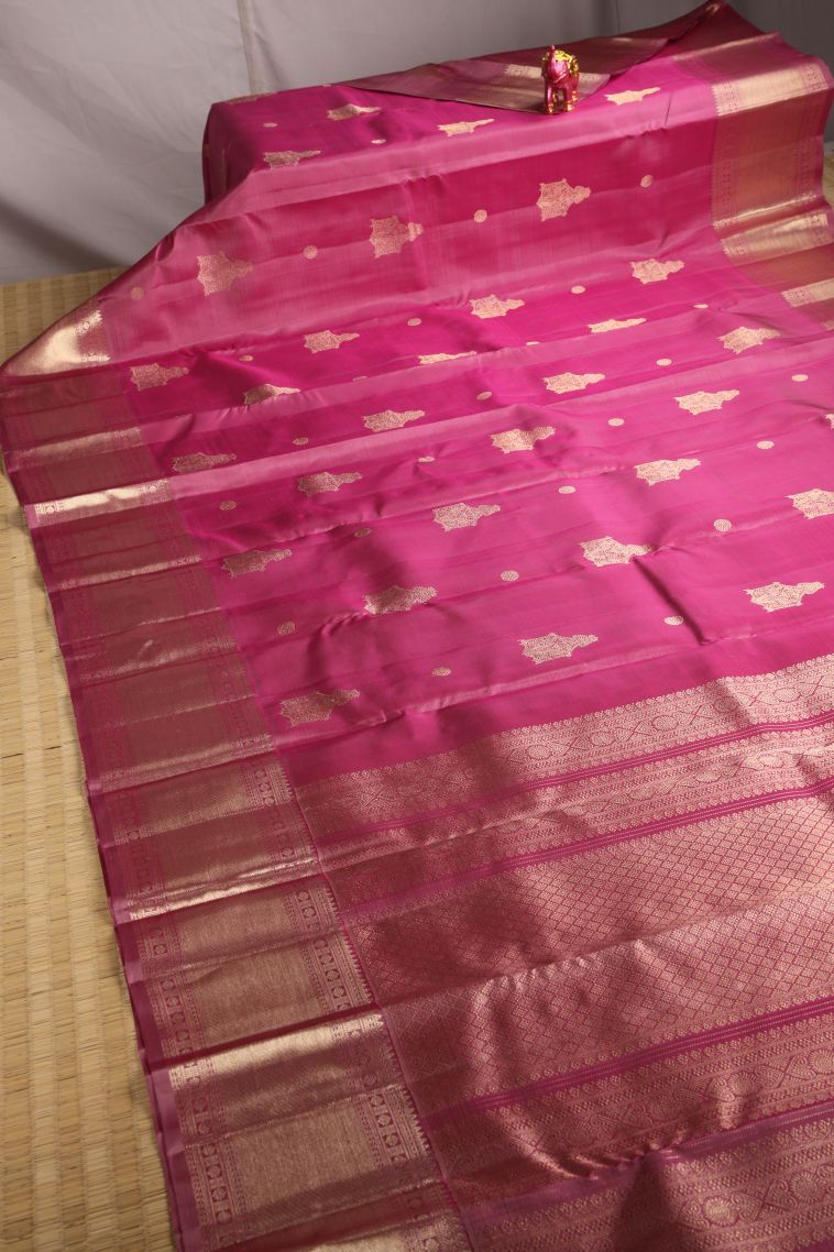Punch Pink Kanchipuram Silk Sarees with Gold Zari Chariot  And Peacock view 2