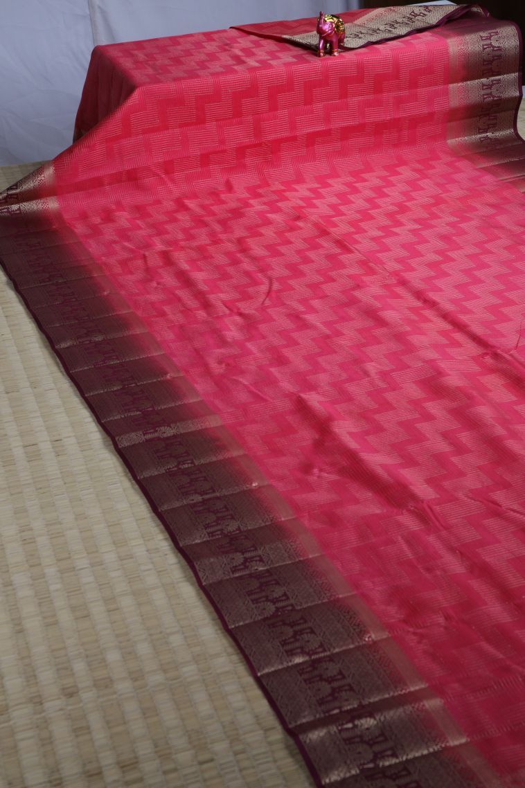 Punch Pink Raw Silk Sarees with Gold Zari Geometric Shapes view 2