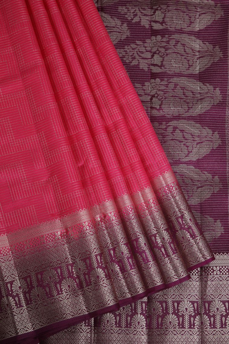 Punch Pink Raw Silk Sarees with Gold Zari Geometric Shapes view 1