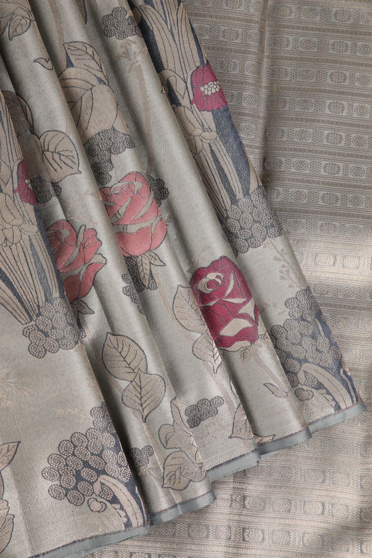 Gray Black Silk Sarees with Gold Zari Floral Patterns view 1