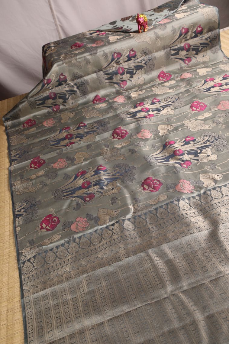 Gray Black Silk Sarees with Gold Zari Floral Patterns view 2