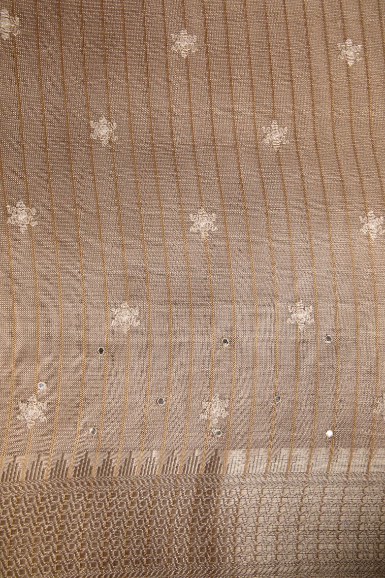 Coconut White Tissue Silk Sarees with Gold Zari Mirror Jamiki Puttas view 3