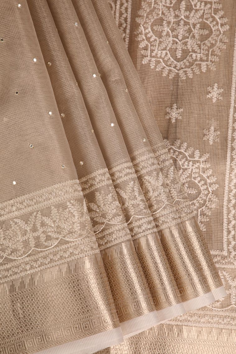 Coconut White Tissue Silk Sarees with Gold Zari Mirror Jamiki Puttas view 1