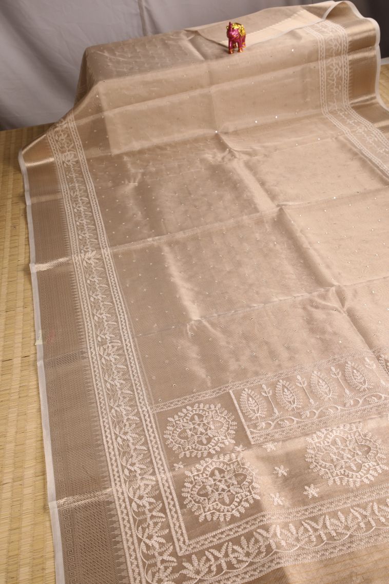Coconut White Tissue Silk Sarees with Gold Zari Mirror Jamiki Puttas view 2
