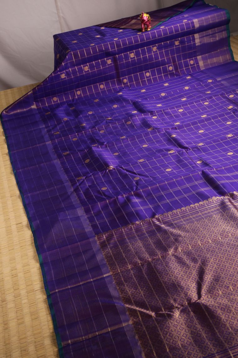 Bosenberry Purple Kanchipuram Silk Sarees with Gold Zari Checks And Puttas view 2