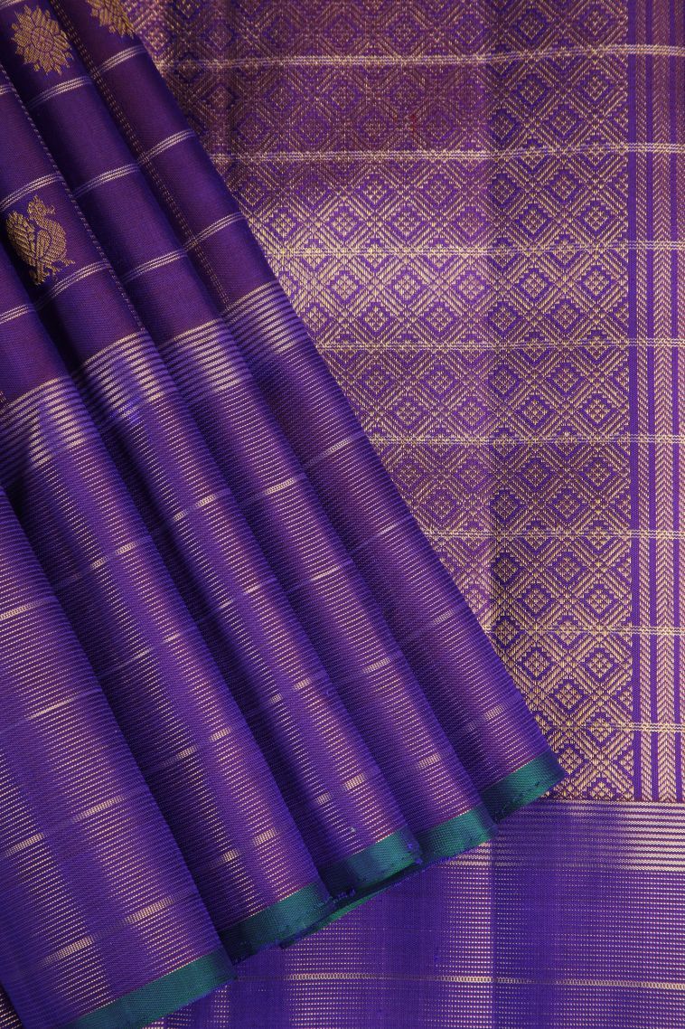 Bosenberry Purple Kanchipuram Silk Sarees with Gold Zari Checks And Puttas view 1