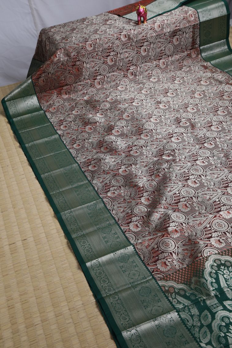 Tawny Brown Visiri Madippu Silk Sarees with Silver Zari Floral Patterns view 2