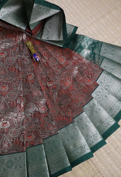 Tawny Brown Visiri Madippu Silk Sarees with Silver Zari Floral Patterns