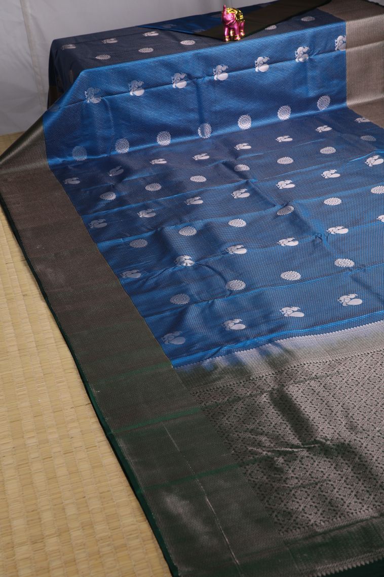 Cerulean Blue Soft Silk Sarees with Gold Zari Peacock Motifs view 2