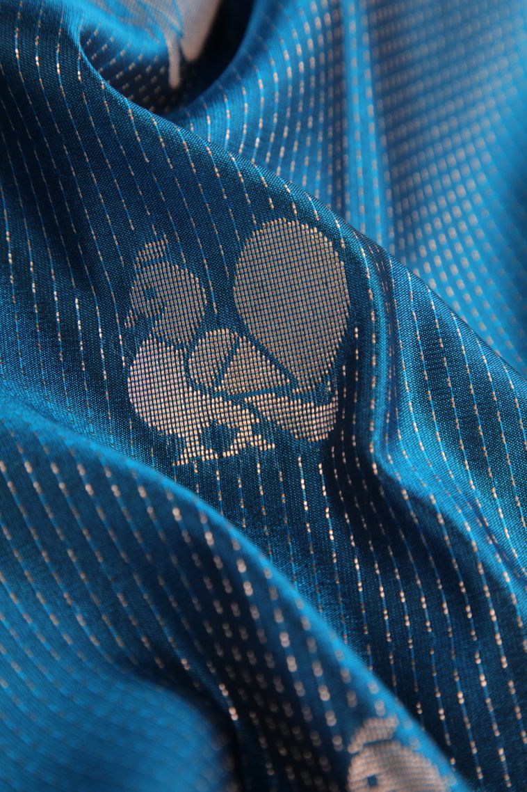 Cerulean Blue Soft Silk Sarees with Gold Zari Peacock Motifs view 4