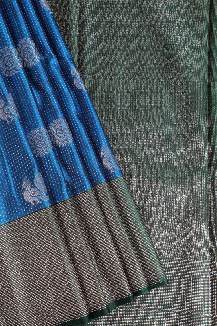 Cerulean Blue Soft Silk Sarees with Gold Zari Peacock Motifs view 1