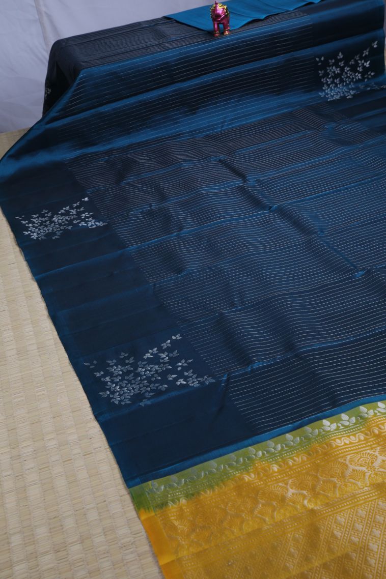 Aegean Blue Soft Silk Saree with Silver Zari Stripes view 2