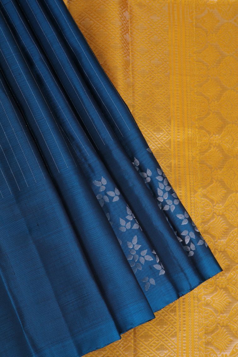 Aegean Blue Soft Silk Saree with Silver Zari Stripes view 1