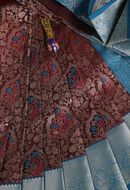 Penny Brown Visiri Madippu Silk Sarees with Silver Zari Floral Patterns