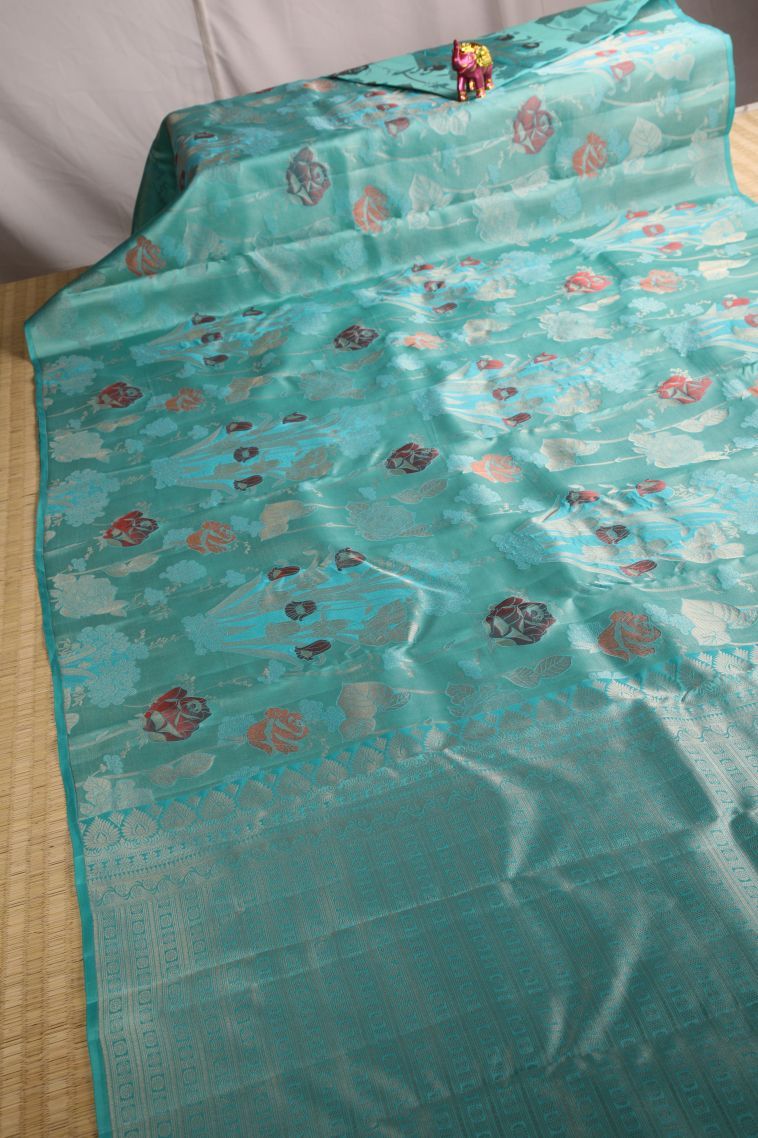 Sapphire Blue Silk Sarees with Gold Zari Floral Patterns view 2