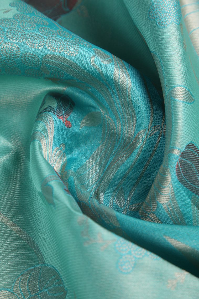 Sapphire Blue Silk Sarees with Gold Zari Floral Patterns view 4
