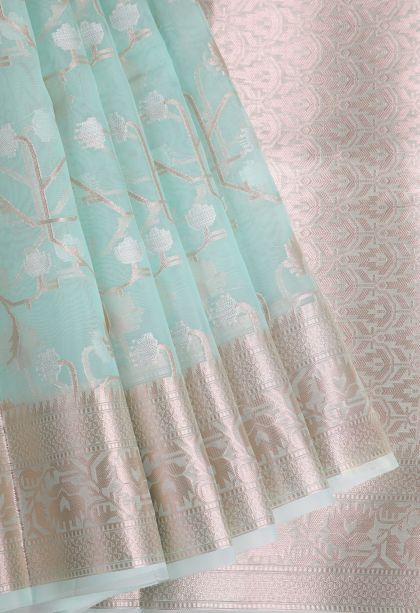 Sky Blue Organza Saree with Copper Zari Floral Patterns