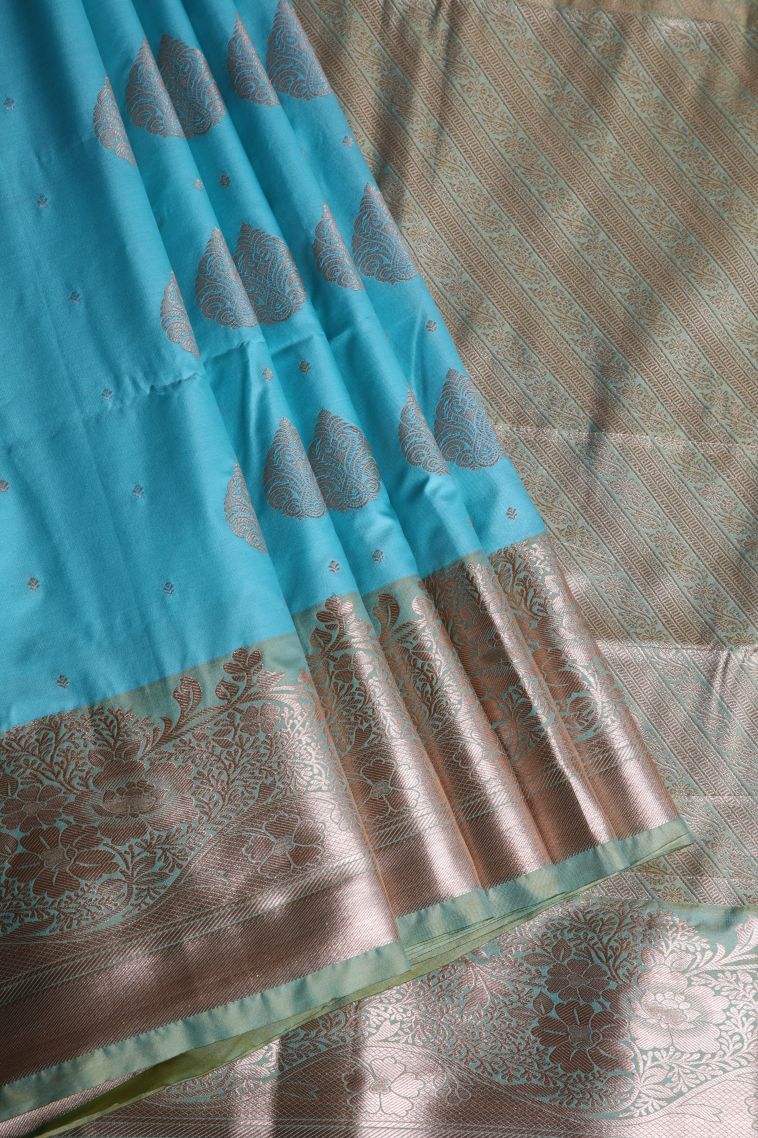 Arctic Blue Apoorva Silk Sarees with Gold Zari Floral Patterns view 1