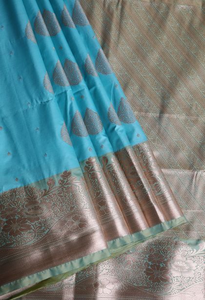 Arctic Blue Apoorva Silk Sarees with Gold Zari Floral Patterns