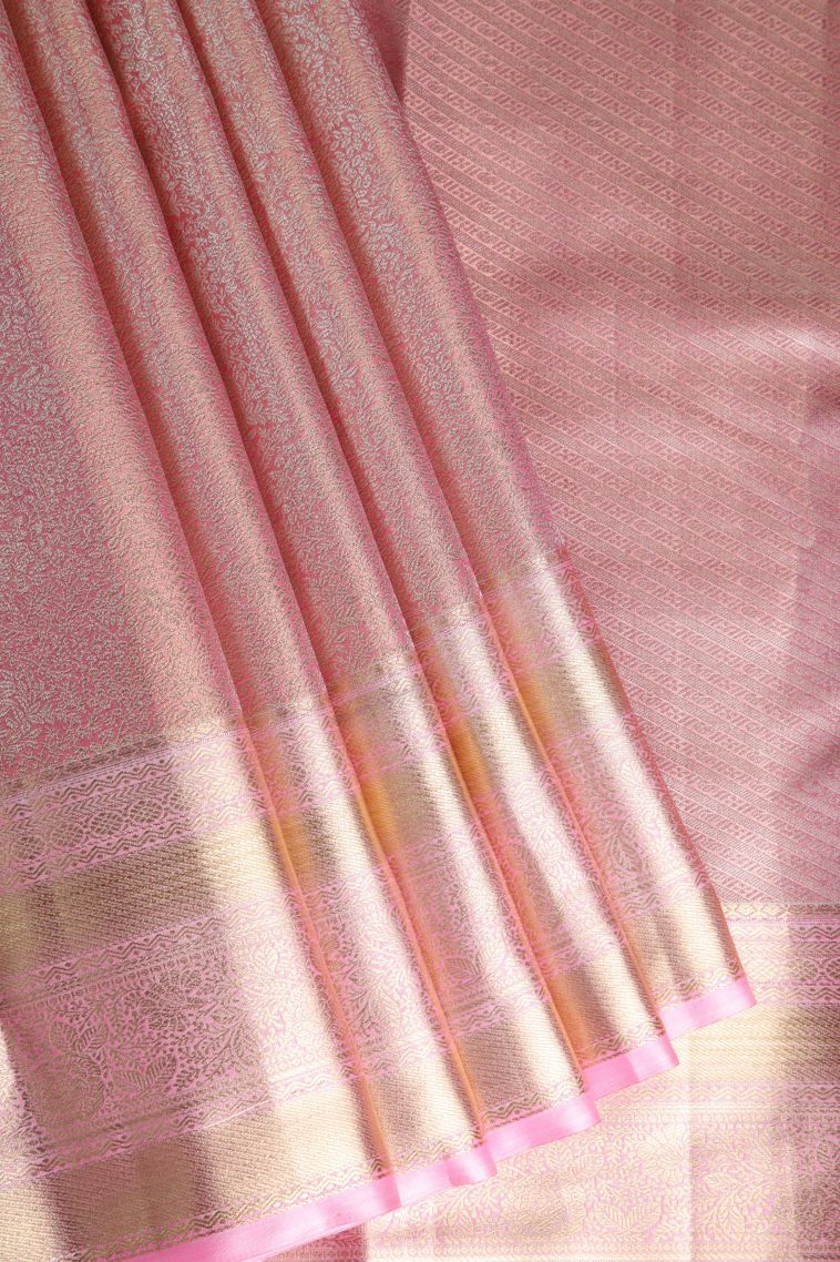 Lemonade Pink Tissue Silk Sarees with Gold Zari Floral Patterns view 1
