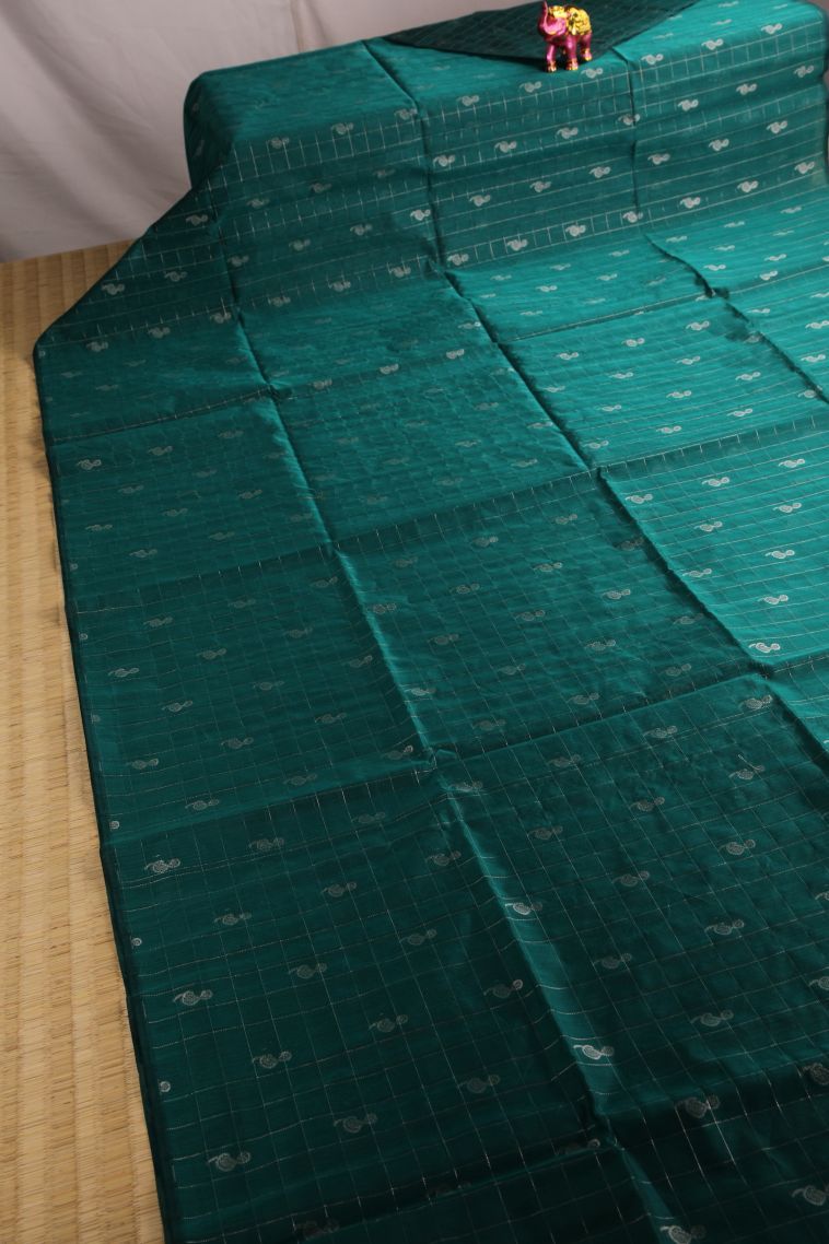 Ocean Blue Silk Cotton Sarees with Silver Zari Checks And Puttas view 2