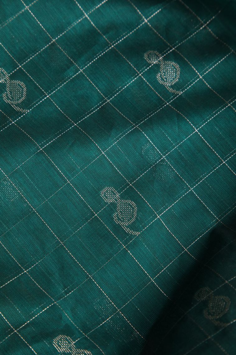 Ocean Blue Silk Cotton Sarees with Silver Zari Checks And Puttas view 4