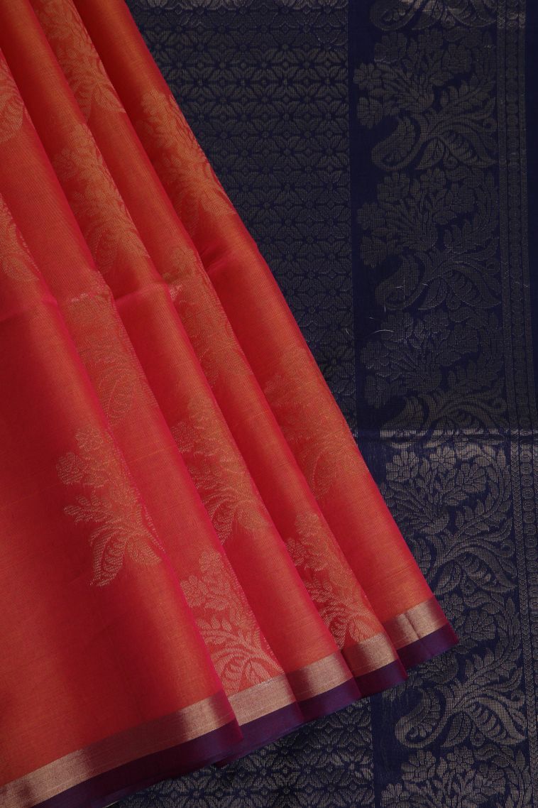 Carrot Orange Silk Cotton Sarees with Gold Zari Floral Patterns view 1
