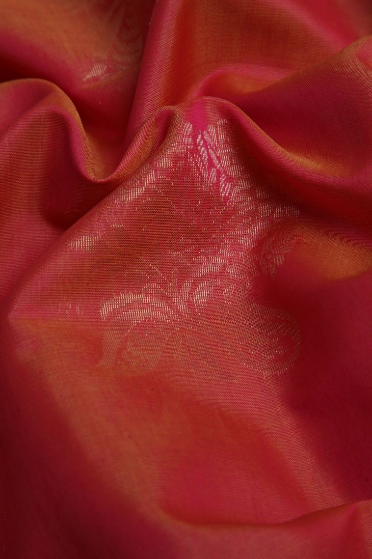 Carrot Orange Silk Cotton Sarees with Gold Zari Floral Patterns view 4