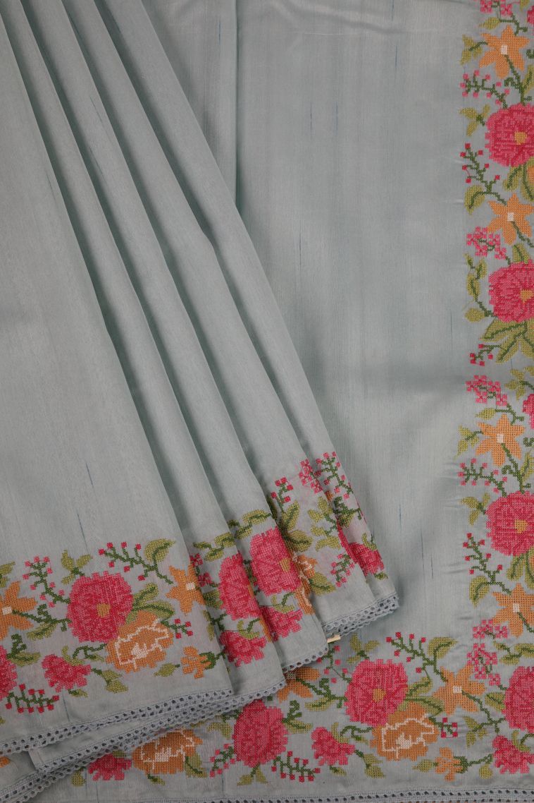 Gray Black Tussar Saree with Without Zari Zari Stripes view 1