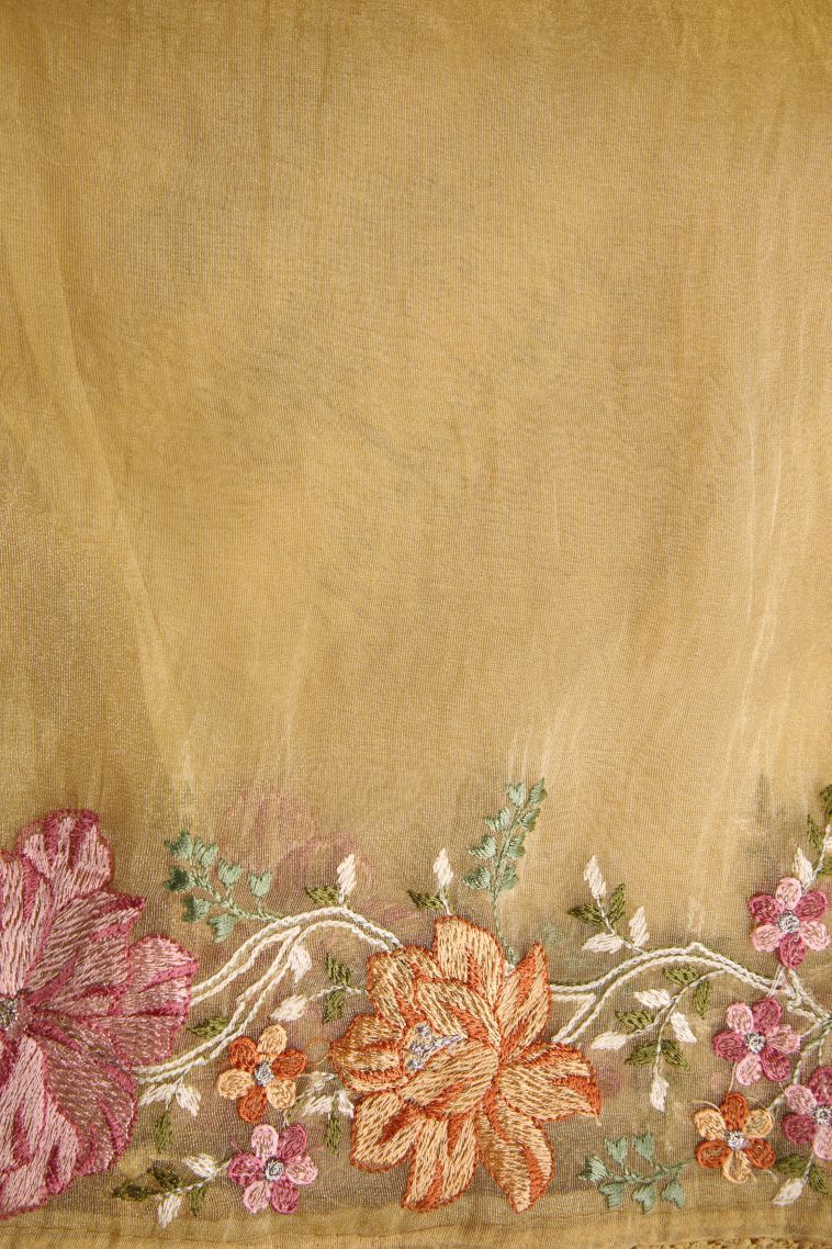 Gold Organza Saree with Multy Coiour Zari Plain view 3