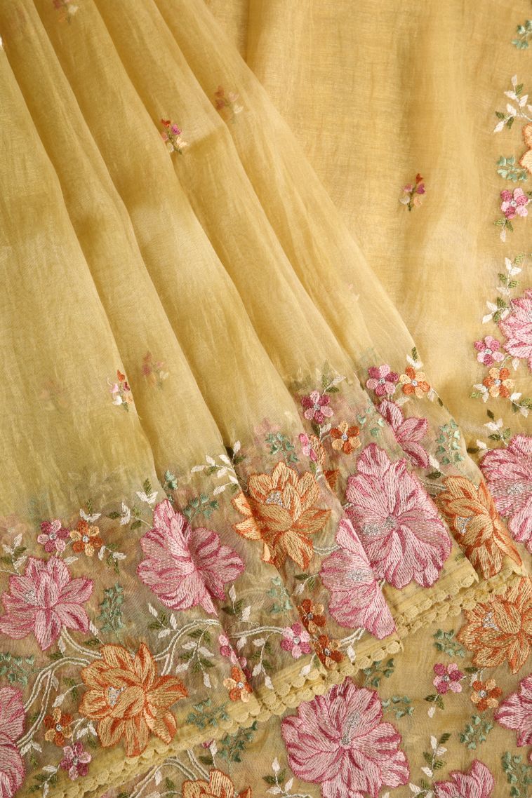 Gold Organza Saree with Multy Coiour Zari Plain view 1