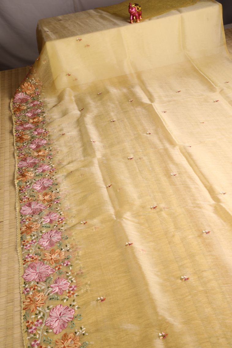 Gold Organza Saree with Multy Coiour Zari Plain view 2