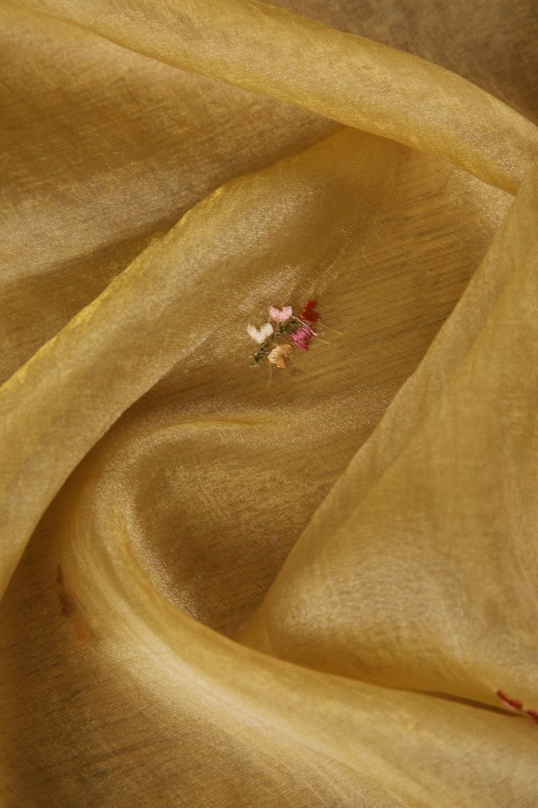 Gold Organza Saree with Multy Coiour Zari Plain view 4