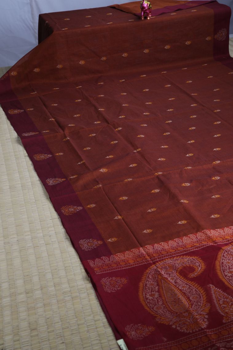 Cinnamon Brown Pure Handloom Kovai Cotton with Without Zari Zari Floral Patterns view 2